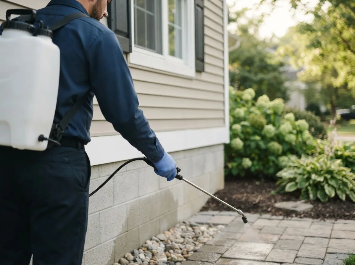 Pest control technician inspecting a home in Davin, WV
